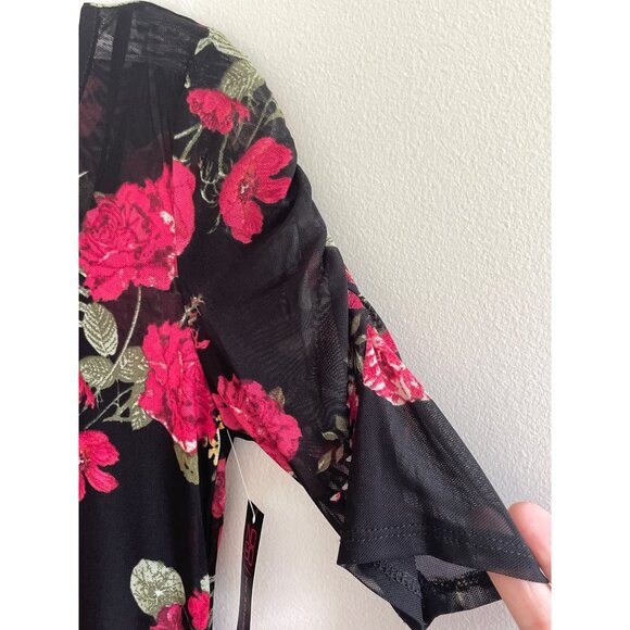 No Boundaries Mesh Rose Print Blouse Juniors XS-1 Black/Red Y2K - Picture 2 of 7